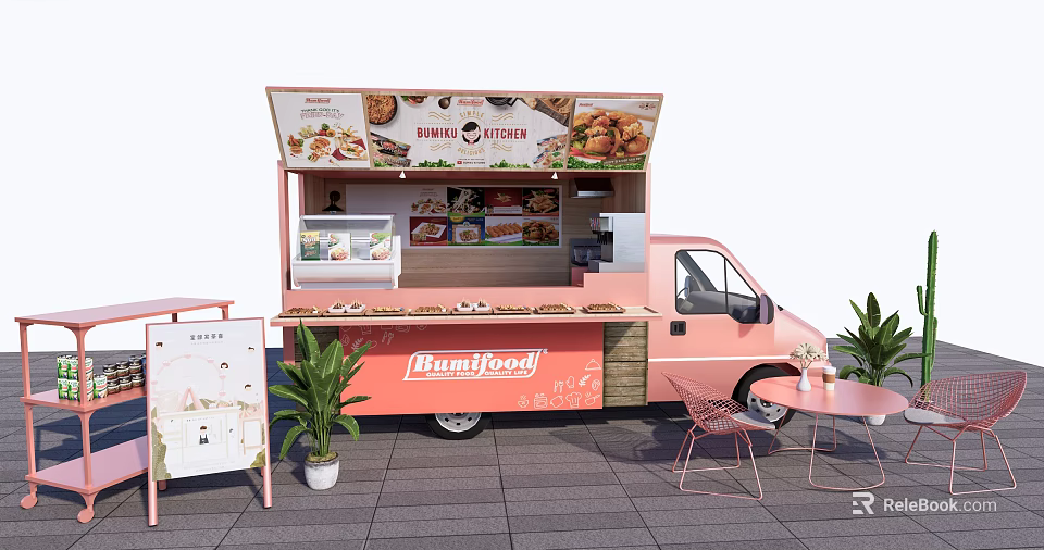 Pink Rumahfood Food Truck Offering Street Food With Outdoor Seating And Menu 3d model 