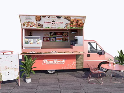 Pink Rumahfood Food Truck Offering Street Food With Outdoor Seating And Menu 3d model