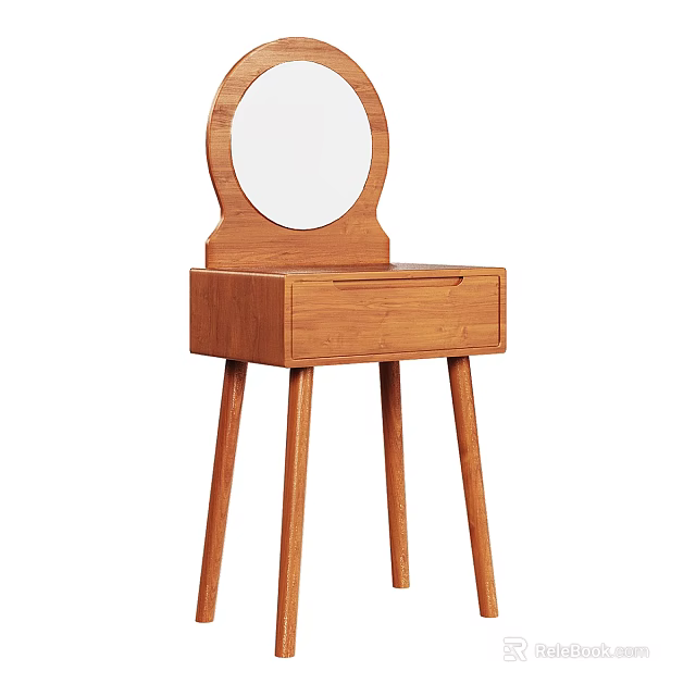 Simple Wooden Dressing Table With Round Mirror Single Drawer And Slender Legs 3d model 