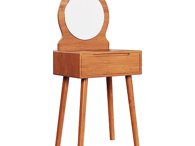 Simple Wooden Dressing Table With Round Mirror Single Drawer And Slender Legs 3d model