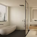 Modern Bathroom Interior With Glass Partition Bathtub Vanity And Window Blinds