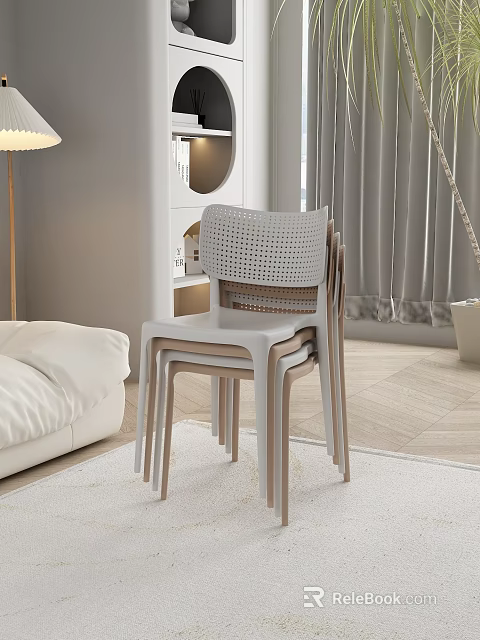 Modern Stackable White Dining Chair With Perforated Backrest And Wooden Legs For Home Interior 3d model