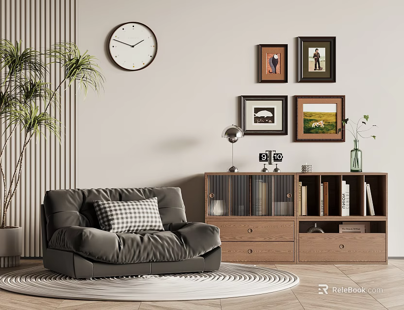 Comfortable Lazy Sofa In Living Room With Bookshelf Clock Framed Pictures And Plant 3d model 