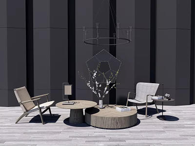 Outdoor Table And Chair Set Featuring Round Wooden Table Armchairs Vase Flowers And Hanging Chandelier 3d model