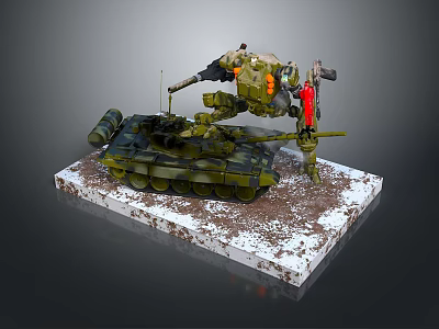 Green Camouflage Military Vehicle Model With Tracks Mechanical Arm Weapon And Snow Dirt On Base 3d model