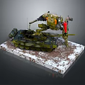 Green Camouflage Military Vehicle Model With Tracks Mechanical Arm Weapon And Snow Dirt On Base
