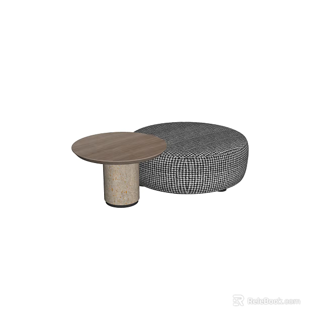 Round Wooden Top Coffee Table With Cylindrical Base And Black White Checkered Pouf 3d model 