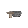 Round Wooden Top Coffee Table With Cylindrical Base And Black White Checkered Pouf