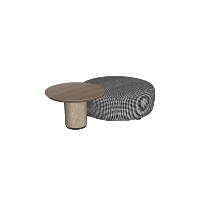 Round Wooden Top Coffee Table With Cylindrical Base And Black White Checkered Pouf 3d model