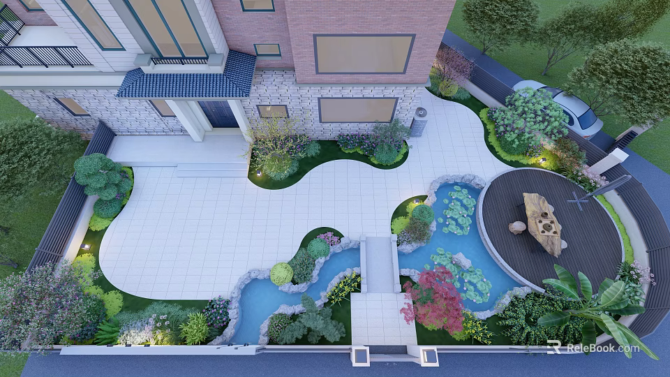 Garden Landscape Design With Courtyard Pond Stone Path And Lush Greenery Lighting 3d model 