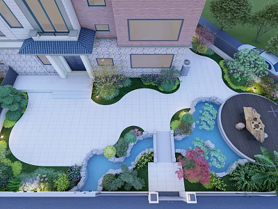 Garden Landscape Design With Courtyard Pond Stone Path And Lush Greenery Lighting 3d model