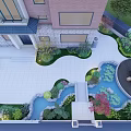 Garden Landscape Design With Courtyard Pond Stone Path And Lush Greenery Lighting