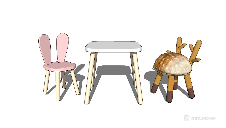 Cute Kids Table with Pink Chair and Deer Shaped Wooden Furniture Set for Kids 3d model 