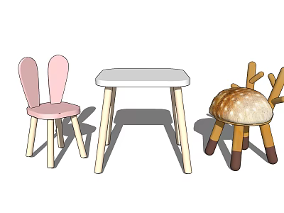 Cute Kids Table with Pink Chair and Deer Shaped Wooden Furniture Set for Kids 3d model