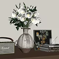 Vintage Radio Ceramic Vase With White Roses Stack Of Books Coffee Cup And Art Print