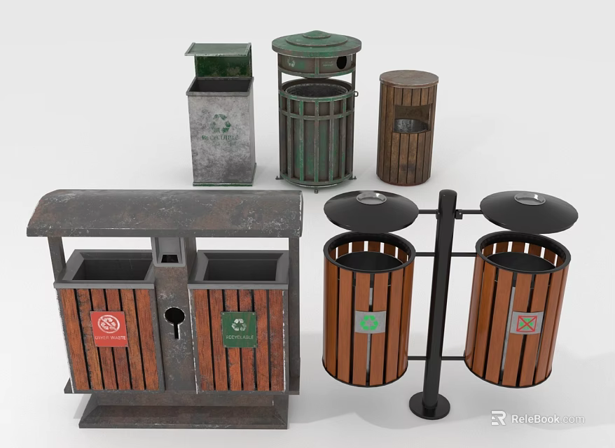 Various Types Of Recycling Bins And Trash Cans With Wooden And Metal Designs 3d model 