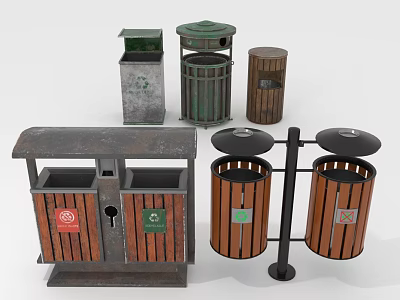 Various Types Of Recycling Bins And Trash Cans With Wooden And Metal Designs 3d model