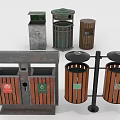 Various Types Of Recycling Bins And Trash Cans With Wooden And Metal Designs