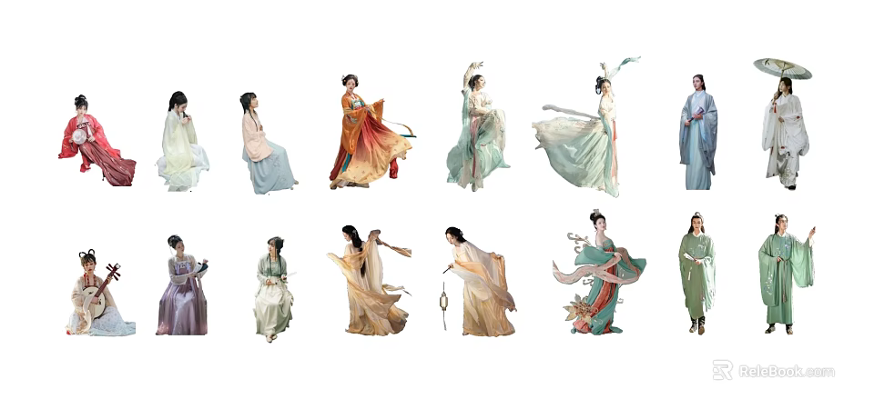 Group of People Wearing Traditional Chinese Ancient Costumes in Various Poses 3d model 