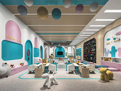 Colorful Kindergarten Interior Design With Kids Play Area Furniture And Decorative Toys 3d model