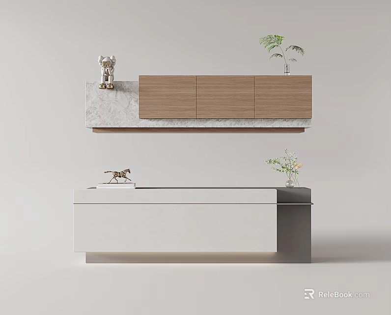 Elegant Modern Reception Desk With Wooden Cabinet Marble Countertop And Green Plants 3d model 