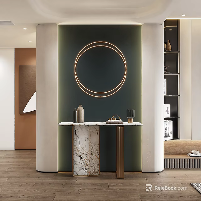 Modern Foyer With Circular Light And Marble Console Table 3d model