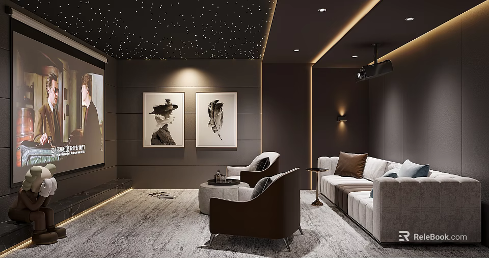 Home Theater Interior With Starry Ceiling Sofas And Art Decor 3d model