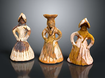 Traditional Terracotta Figurines With Dresses Hats And Earth Toned Details On Black 3d model