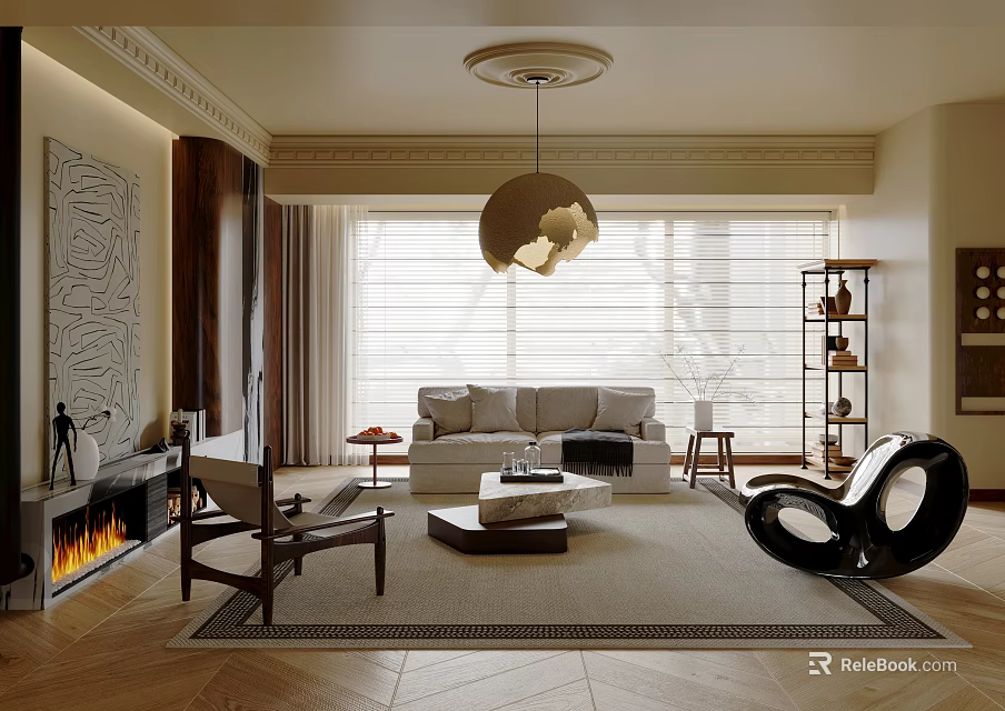 Modern Living Room Interior With Sofa Coffee Table Fireplace And Pendant Light 3d model 