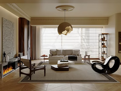Modern Living Room Interior With Sofa Coffee Table Fireplace And Pendant Light 3d model