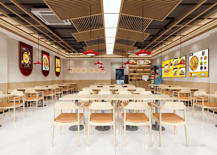 Modern Restaurant Interior With Wooden Ceiling Dining Tables Chairs And Menu Posters 3d model