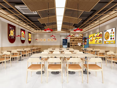 Modern Restaurant Interior With Wooden Ceiling Dining Tables Chairs And Menu Posters 3d model