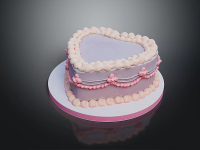 Heart Shaped Purple Cake With Beige Cream Lace Edge And Pink Decorations On White Tray 3d model