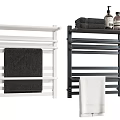 Black and White Towels Hanging on Wall Mounted Towel Racks with Bath Products