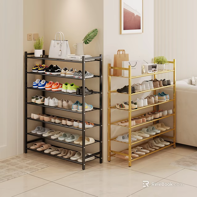 Multi Tier Black And Gold Shoe Rack With Organized Shoes Storage For Home Living Room 3d model 