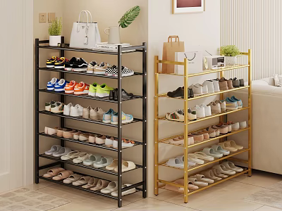 Multi Tier Black And Gold Shoe Rack With Organized Shoes Storage For Home Living Room 3d model