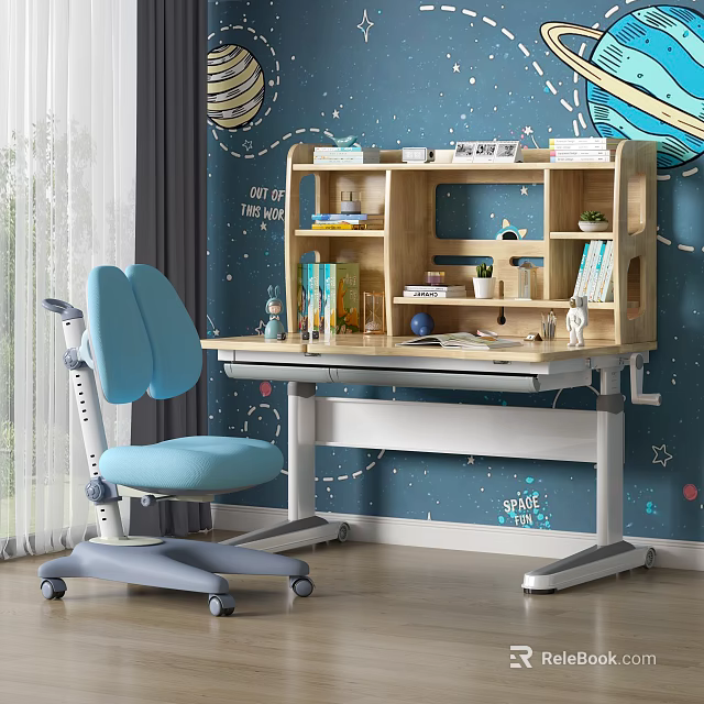 Adjustable Kids Wooden Desk With Bookshelf Storage And Blue Chair For Starry Room 3d model 