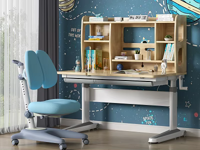 Adjustable Kids Wooden Desk With Bookshelf Storage And Blue Chair For Starry Room 3d model