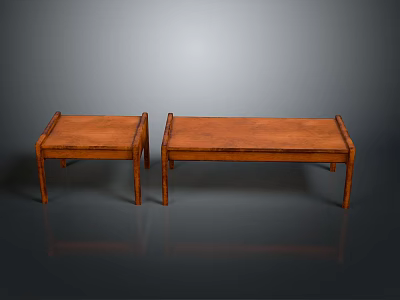 Pair of Brown Solid Wood Benches With Simple Design And Rectangular Tops 3d model
