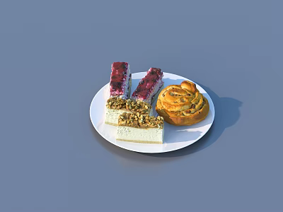 Assorted Desserts on White Plate With Red Sauce Topped Cake Twisted Pastry And Nut Crumble 3d model