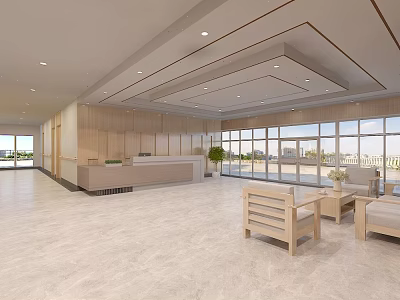 Modern Lobby Interior With Wooden Reception Desk Large Windows And Seating Furniture 3d model