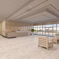 Modern Lobby Interior With Wooden Reception Desk Large Windows And Seating Furniture