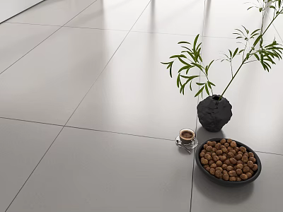 Light Gray Floor Tiles With Black Vase Green Plant Nut Bowl And Cup 3d model