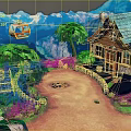 Cartoon Scene With Wooden Cabin Green Trees And Cable Car Near Mountain Lake