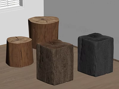 Natural Stump Stools With Various Shapes And Different Colors In Indoor Wooden Floor Setting 3d model