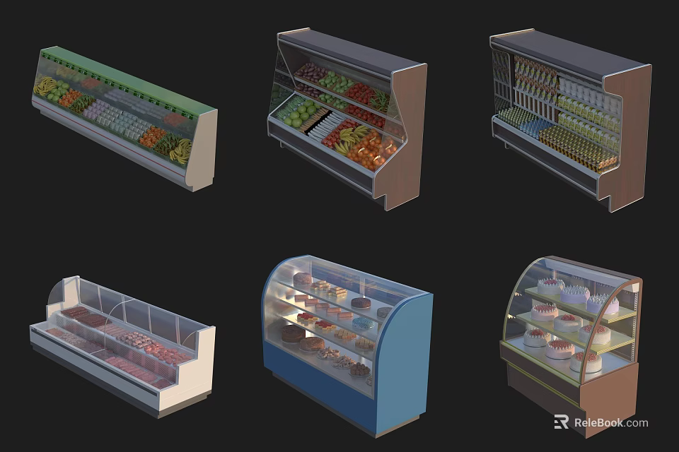 Supermarket Display Cases With Refrigerated And Non Refrigerated Areas For Fruits Dairy And Baked Goods 3d model 