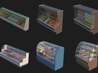 Supermarket Display Cases With Refrigerated And Non Refrigerated Areas For Fruits Dairy And Baked Goods 3d model