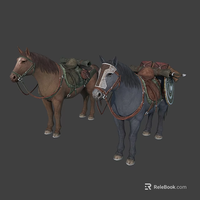 Ancient Medieval Scene With Two Horses Carrying Saddles Packs And Gear 3d model 