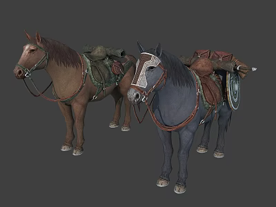 Ancient Medieval Scene With Two Horses Carrying Saddles Packs And Gear 3d model