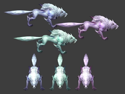 Colorful Mythical Wolf Creatures With Fluffy Fur Long Tails And Unique Horns 3d model
